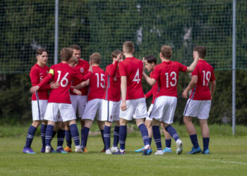 Kötschach-Mauthen, AUSTRIA - April 26:   Austria - Norwegen U15 Turnier der Nationen 2022 at Sportplatz on April 26, 2022 in Kötschach-Mauthen, Kärnten, AUSTRIA. (Photo by Ernst Krawagner sport-fan.at)