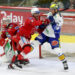 EBEL. Eishockey Bundesliga. EC KAC gegen VSV. Steven Strong, Sebastian Dahm, (KAC), Robert Sabolic (VSV). Klagenfurt, am 14.3.2023. Foto: Kuess www.qspictures.net
