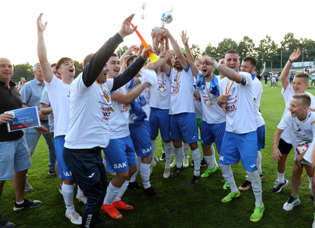 Fussball KFV Cup. SAK gegen Dellach/Gail. Jubel (SAK). Klagenfurt, am 17.6.2023. Foto: Kuess