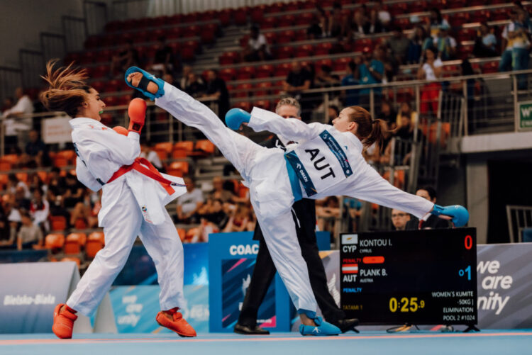KRAKOW,POLAND,22.JUN.23 - OLYMPICS -European Games Krakow-Malopolska 2023, karate. Image shows Irene Kontou (CYP) and Bettina Plank (AUT). Photo: GEPA pictures/ Matic Klansek