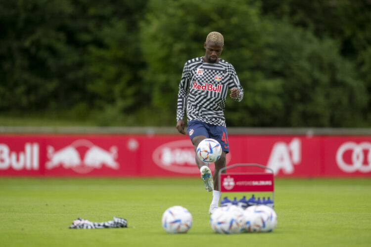ANIF, AUSTRIA - JULY 09: Samson Tijani of FC Red Bull Salzburg prior a friendly match between FC Red Bull Salzburg v Royal Antwerpen  on July 09, 2022 in Anif, Austria. (Photo by Andreas Schaad - FC Red Bull Salzburg/FC Red Bull Salzburg via Getty Images)