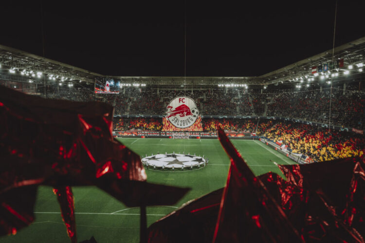SALZBURG, AUSTRIA - DECEMBER 12: An overview during the tifo of the Red Bull Arena prior to the UEFA Champions League Group D match FC Salzburg vs. SL Benfica Lisbon on December 12, 2023 in Salzburg, Austria. Photo by Fabian Weirather - FC Red Bull Salzburg