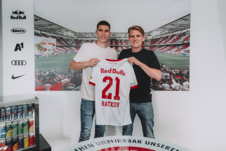 SALZBURG, AUSTRIA: Petar Ratkov (L) of FC Red Bull Salzburg with Christoph Freund (R/Director of Sports) after his contract signing at Red Bull Arena in Salzburg, Austria. (Photo by FC Red Bull Salzburg)