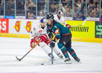 BELFAST,NORTHERN IRELAND,10.OCT.23 - ICE HOCKEY - CHL, Champions Hockey League, Belfast Giants vs EC Red Bull Salzburg. Image shows Peter Hochkofler (EC RBS) and Charlie Curti (Belfast). Photo: GEPA pictures/ Gintare Karpaviciute - For editorial use only. Image is free of charge.