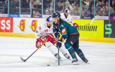 BELFAST,NORTHERN IRELAND,10.OCT.23 - ICE HOCKEY - CHL, Champions Hockey League, Belfast Giants vs EC Red Bull Salzburg. Image shows Peter Hochkofler (EC RBS) and Charlie Curti (Belfast). Photo: GEPA pictures/ Gintare Karpaviciute - For editorial use only. Image is free of charge.