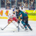 BELFAST,NORTHERN IRELAND,10.OCT.23 - ICE HOCKEY - CHL, Champions Hockey League, Belfast Giants vs EC Red Bull Salzburg. Image shows Peter Hochkofler (EC RBS) and Charlie Curti (Belfast). Photo: GEPA pictures/ Gintare Karpaviciute - For editorial use only. Image is free of charge.