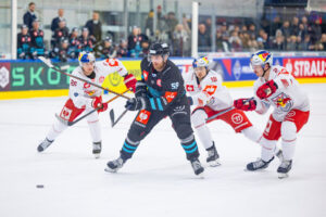 SALZBURG,AUSTRIA,17.OCT.23 - ICE HOCKEY - CHL, Champions Hockey League, EC Red Bull Salzburg vs Pelicans Lahti. Image shows Peter Hochkofler (EC RBS), Anton Myllari (Pelicans), Paul Stapelfeldt and Tyler Lewington (EC RBS). Photo: GEPA pictures/ Gintare Karpaviciute - For editorial use only. Image is free of charge.
