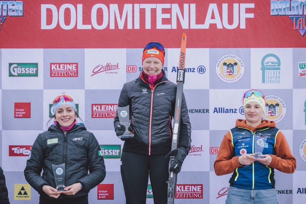 22.01.2023, Obertilliach, AUT, Dolomitenlauf 2023, 53 Jahre Dolomitenlauf, im Bild 2. Platz PILLER Caterina (ITA), Siegerin TANNER Petra (AUT), 3. Platz SCHWINGSHACKL Thea (ITA) // during the 53rd Dolomitenlauf classic style Race in Obertilliach, Austria on 2023/01/22. EXPA Pictures © 2023, PhotoCredit: EXPA/ JFK