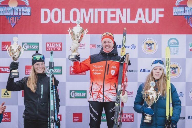 22.01.2023, Obertilliach, AUT, Dolomitenlauf 2023, 53 Jahre Dolomitenlauf, im Bild 2. Platz ROCARKOVA Adela (CZE), Siegerin BOERJESJOE Malin (SWE), 3. Platz SCHMIDHOFER Anna (AUT) // during the 53rd Dolomitenlauf classic style Race in Obertilliach, Austria on 2023/01/22. EXPA Pictures © 2023, PhotoCredit: EXPA/ JFK