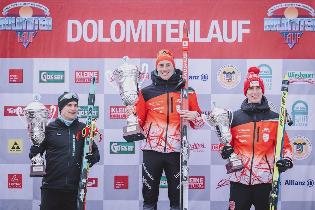 22.01.2023, Obertilliach, AUT, Dolomitenlauf 2023, 53 Jahre Dolomitenlauf, im Bild 2. Platz STOCEK Fabian (CZE), Sieger BRIGADOI Mauro (ITA), 3. Platz FERRARI Francesco (ITA) // during the 53rd Dolomitenlauf classic style Race in Obertilliach, Austria on 2023/01/22. EXPA Pictures © 2023, PhotoCredit: EXPA/ JFK