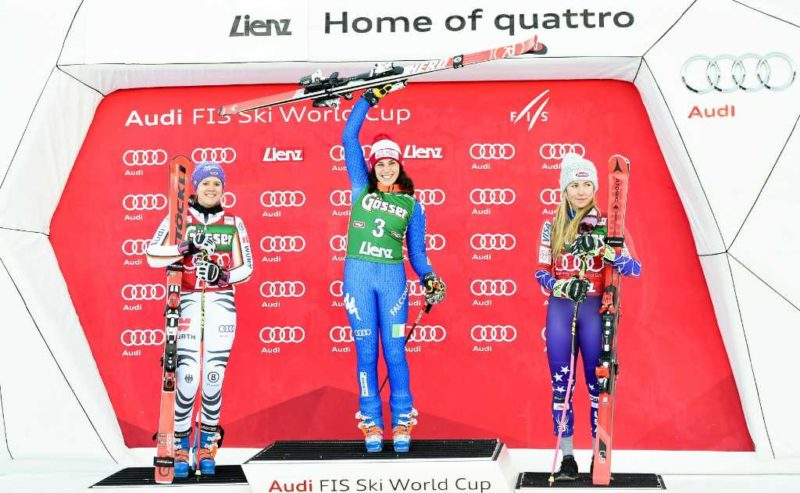 29.12.2017, Hochstein, Lienz, AUT, FIS Weltcup Ski Alpin, Lienz, Riesenslalom, Damen, Siegerehrung, im Bild Viktoria Rebensburg (GER, 2. Platz), Siegerin Federica Brignone (ITA) und Mikaela Shiffrin (USA, 3. Platz) // 2nd placed Viktoria Rebensburg of Germany Winner Federica Brignone of Italy and 3rd placed Mikaela Shiffrin of the USA during the winner ceremony for the ladie's Giant Slalom of FIS Ski Alpine World Cup at the Hochstein in Lienz, Austria on 2017/12/29. EXPA Pictures © 2017, PhotoCredit: EXPA/ Michael Gruber