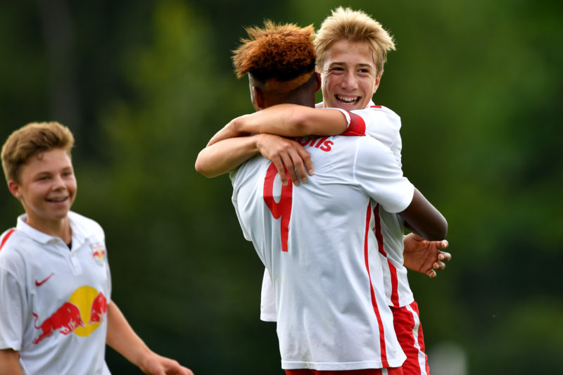 SALZBURG,AUSTRIA,11.AUG.16 - SOCCER - Red Bull Salzburg Next Generation Trophy. Image shows the rejoicing of Junior Adamu and David Affengruber (RBS). Photo: GEPA pictures/ Florian Ertl - For editorial use only. Image is free of charge.