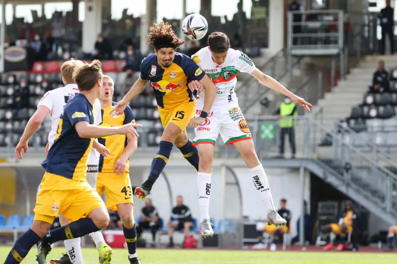 WOLFSBERG,AUSTRIA,25.APR.21 - SOCCER - tipico Bundesliga, championship group, Wolfsberger AC vs Red Bull Salzburg. Image shows Andre Ramalho Silva (RBS) and Tarik Muharemovic (WAC). Photo: GEPA pictures/ Christian Walgram - For editorial use only. Image is free of charge.