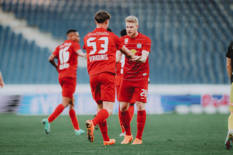 SALZBURG, AUSTRIA - MAY 19: Phillip Verhounig celebrates with Lukas Ibertsberger of FC Liefering after a goal during the 2. Liga match between FC Liefering and SV Licht-Loidl Lafnitz at Red Bull Arena on May 19, 2023 in Salzburg, Austria. (Photo by Jasmin Walter - FC Liefering/FC Liefering via Getty Images)