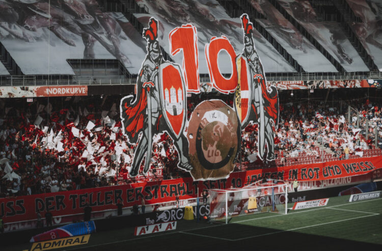 SALZBURG, AUSTRIA - MAY 28: Fans of FC Red Bull Salzburg perform a huge banner before the Admiral Bundesliga match between FC Red Bull Salzburg and SK Austria Klagenfurt at Red Bull Arena on May 28, 2023 in Salzburg, Austria. (Photo by Andreas Schaad - FC Red Bull Salzburg/FC Red Bull Salzburg via Getty Images)