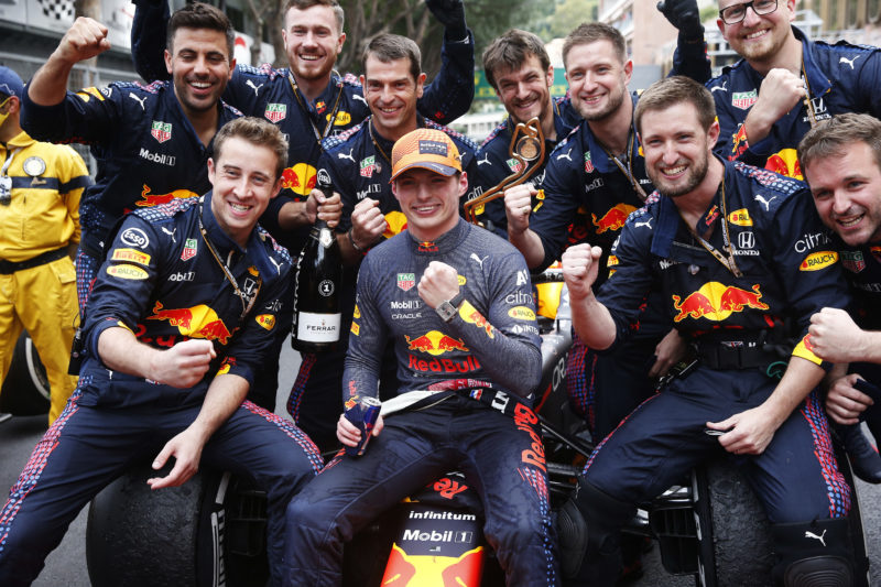MONTE-CARLO, MONACO - MAY 23: Race winner Max Verstappen of Netherlands and Red Bull Racing celebrates with his team in parc ferme during the F1 Grand Prix of Monaco at Circuit de Monaco on May 23, 2021 in Monte-Carlo, Monaco. (Photo by Sebastian Nogier - Pool/Getty Images) // Getty Images / Red Bull Content Pool // SI202105230233 // Usage for editorial use only //