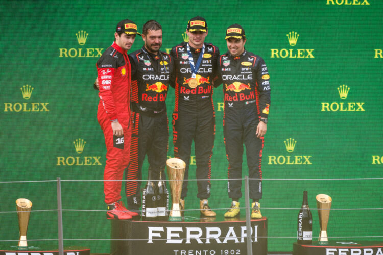 Winner Max Verstappen, second Charles Leclerc and third Sergio Perez celebrate during the 10th Stop of the FIA Formula One World Championship at the Red Bull Ring in Spielberg, Austria on July 2, 2023 // Philip Platzer / Red Bull Ring // SI202307020654 // Usage for editorial use only //