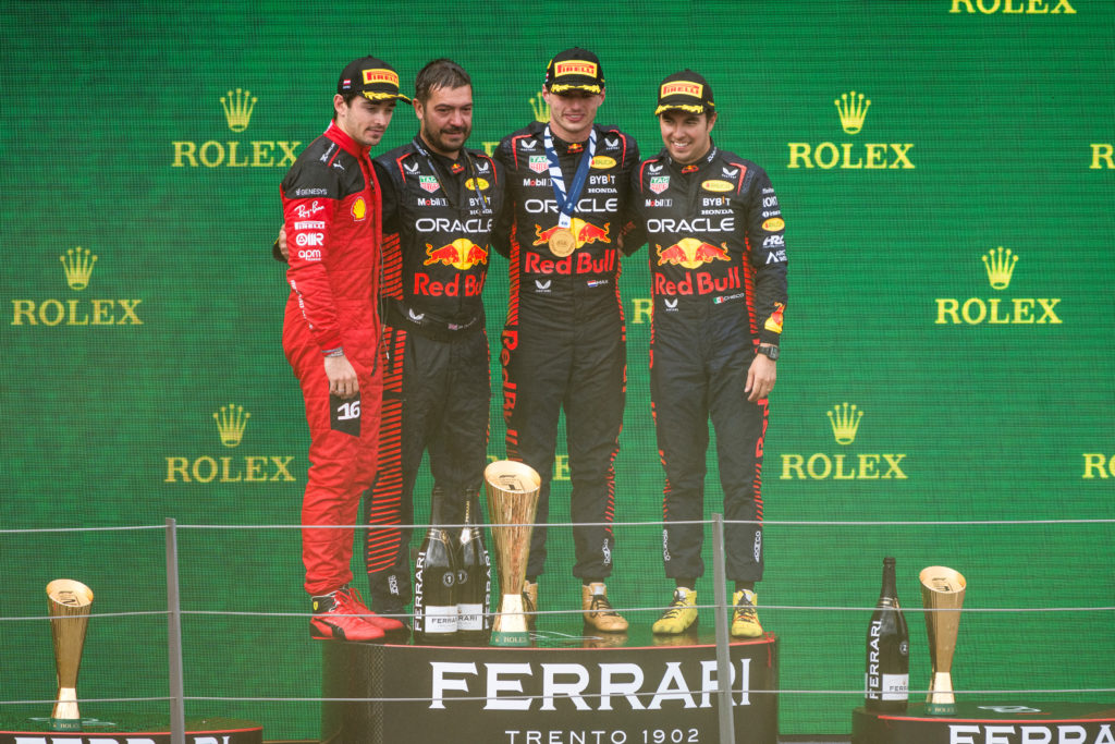 Verstappen gewinnt souverän - Aston legt Protest ein! 1 Winner Max Verstappen, second Charles Leclerc and third Sergio Perez celebrate during the 10th Stop of the FIA Formula One World Championship at the Red Bull Ring in Spielberg, Austria on July 2, 2023 // Philip Platzer / Red Bull Ring // SI202307020654 // Usage for editorial use only //