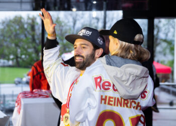 SALZBURG,AUSTRIA,25.APR.23 - ICE HOCKEY - ICE Hockey League, EC Red Bull Salzburg, championship celebration. Image shows Dominique Heinrich (EC RBS). Photo: GEPA pictures/ Gintare Karpaviciute - For editorial use only. Image is free of charge.