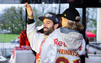 SALZBURG,AUSTRIA,25.APR.23 - ICE HOCKEY - ICE Hockey League, EC Red Bull Salzburg, championship celebration. Image shows Dominique Heinrich (EC RBS). Photo: GEPA pictures/ Gintare Karpaviciute - For editorial use only. Image is free of charge.